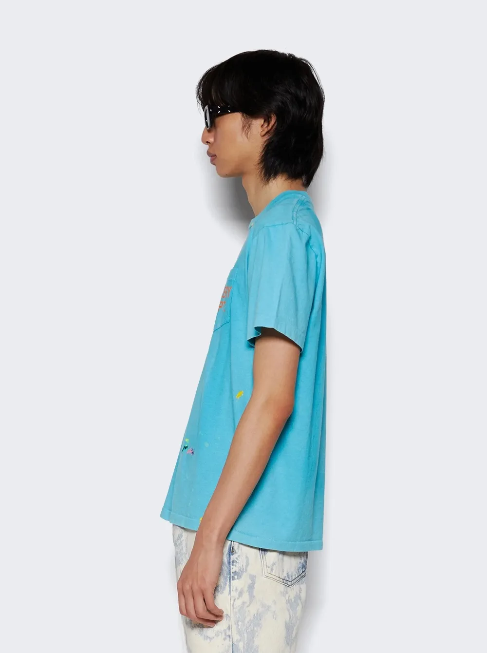 GALLERY DEPT. VINTAGE LOGO PAINTED TEE/Turquoise washed and distressed VINTAGE LOGO retro English pocket short sleeves lake blue S-XL ready-to-wear dyeing, hand-sewn and smeared with horseradish and fried with salt, very heavy industry, manufacturing dark and light fading technology, hand-splashed ink graffiti, genuine acrylic material